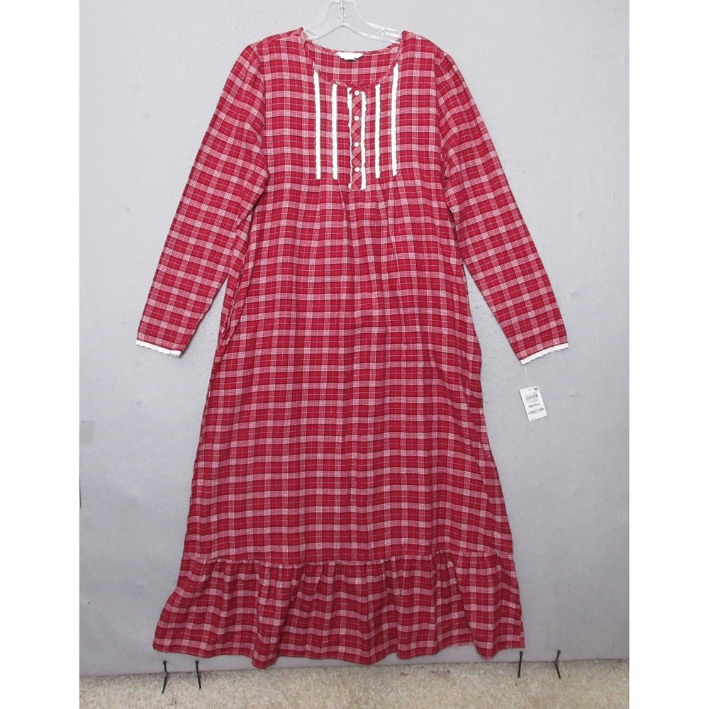 Charter Club Nightgown S Red Plaid Holiday Victorian Lace Pockets Lounge NWT